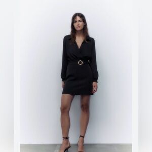 NWT Zara Wrap Mini Dress Belted Medium Black Sheer Long Sleeve Cocktail Party